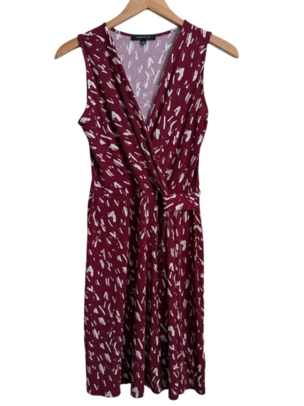 Hailey 23 Abstract Print Faux Wrap Dress Size S Burgundy White Knit Surplice